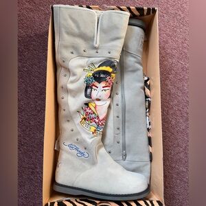 Ed Hardy Women's Size 8 New Gray Over the Knee Embroidered Boots